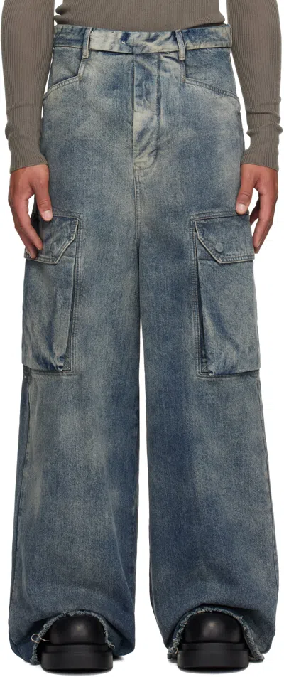 RICK OWENS BLUE CONCORDIANS MASTADON FIRBANKS DENIM CARGO PANTS