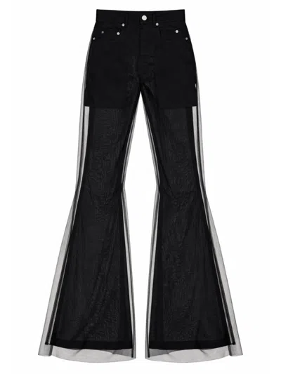 Rick Owens Flared Trousers Sheer Overlay Belt Loops Pockets In Black