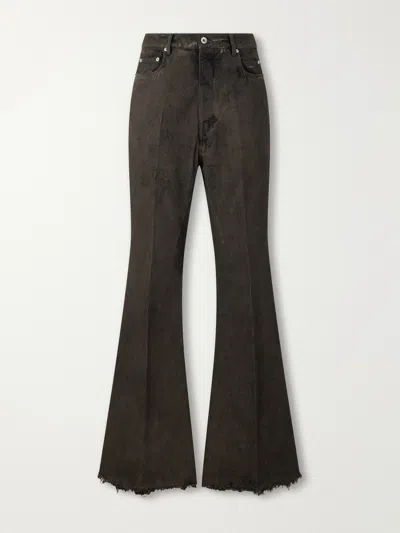 Rick Owens Flared Frayed Hem Cotton Jeans In Green