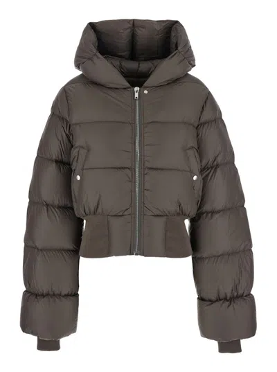 RICK OWENS BROWN DOWN JACKET WITH CROP DESIGN AND FIXED HOOD IN TECH FABRIC WOMAN