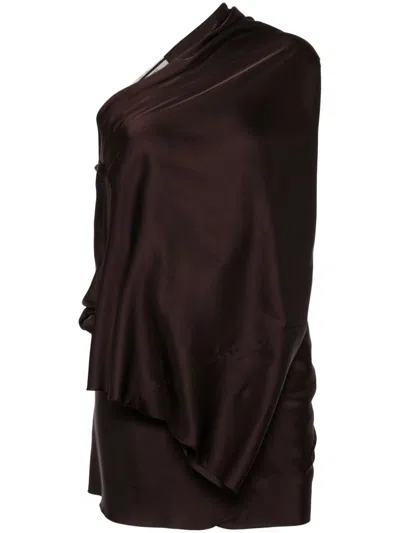RICK OWENS BROWN DRAPED ONE-SLEEVE BLOUSE
