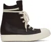 Rick Owens Black High Top Sneakers With Oversized Laces In Leather In 1411 Mahogany/milk
