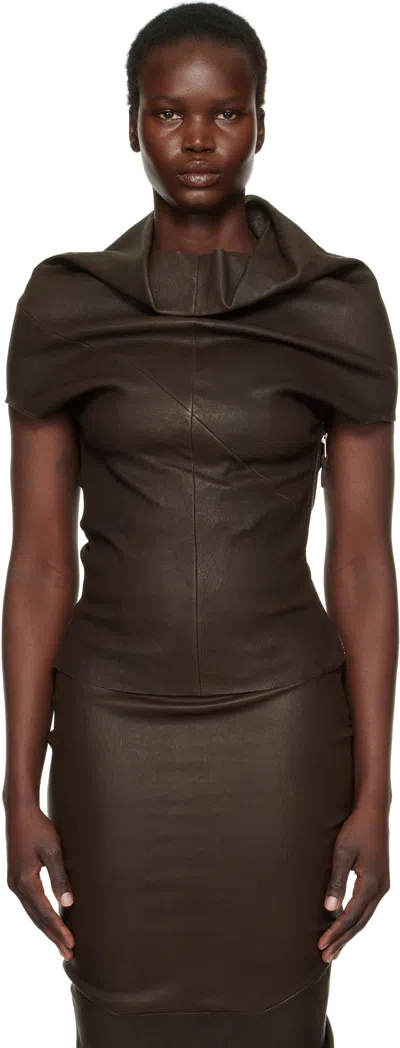 Rick Owens Brown Hollywood Shroud Leather T-shirt In 14 Mahogany