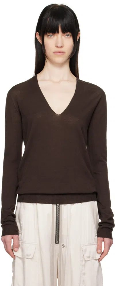 Rick Owens Brown Hollywood V Neck Pull Sweater In 14 Mahogany