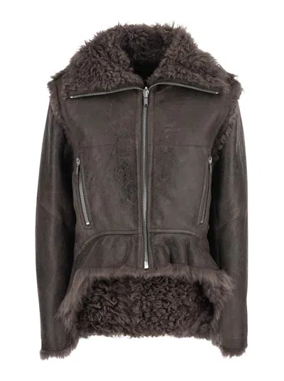 RICK OWENS BROWN JACKET WITH REVERSIBLE DESIGN AND ASYMMETRIC HEM IN LEATHER WOMAN