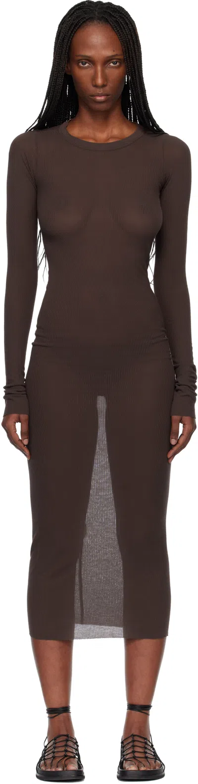 Rick Owens Brown Temple Rib Ls Midi Dress