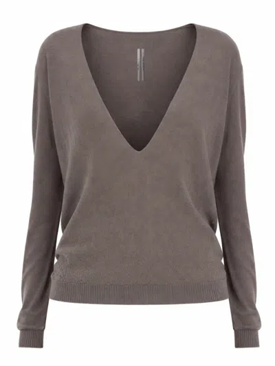 Rick Owens Muted Taupe Newwool Deep V-neck Sweater In Brown