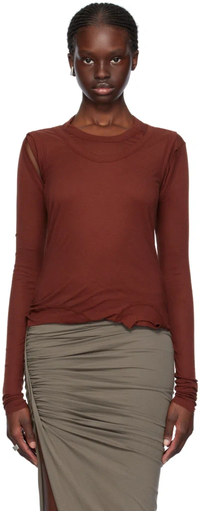 Rick Owens Burgundy Cropped Banana Long Sleeve T-shirt In 73 Henna