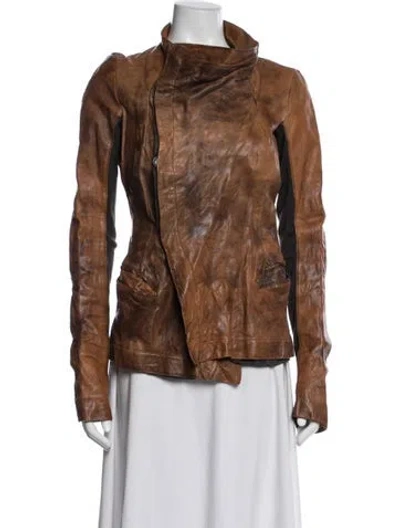 Pre-owned Rick Owens Calf Leather Biker Jacket In Brown