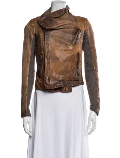 Pre-owned Rick Owens Calf Leather Printed Biker Jacket In Brown
