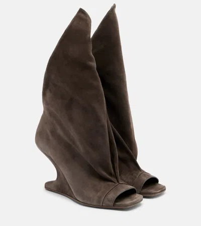 Rick Owens Cantilever Suede Peep-toe Boots In Brown