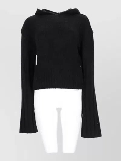 Rick Owens Cropped Knit Sweater With Flared Sleeves And Hood In Black