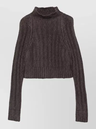 Rick Owens Cashmere Silk Ribbed High Neck Cropped Sweatshirt In Black
