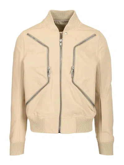 Rick Owens Heizer Flight Beige Bomber Jacket With Two Front Zip Pockets In Cotton Blend Man In Neutral