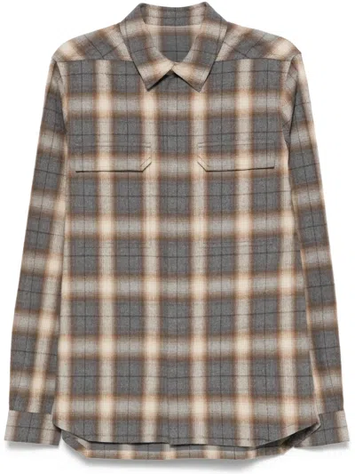 Rick Owens Webbing-trimmed Checked Cotton-flannel Overshirt In Gray