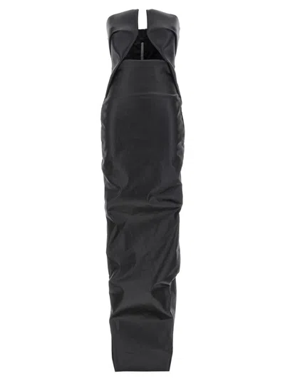 RICK OWENS COATED DENIM GOWN WITH FRONT CUT-OUT