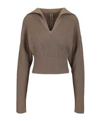 Rick Owens Collared Long-sleeved Knit Sweater In Brown