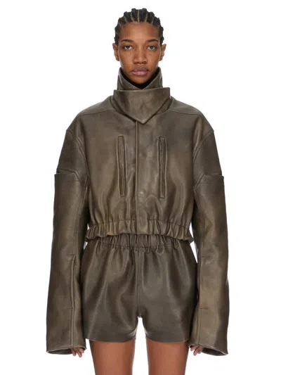 Rick Owens Collared Mac Bomber Jacket In 100% Calf Leather In Green