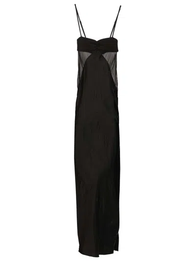 Rick Owens Combo Slip Gown Long Dress In Satin And Chiffon In Black