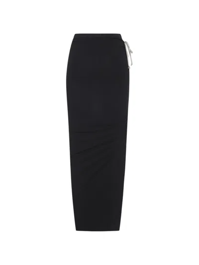 Rick Owens Long Skirt With Side Drawstring Closure And Straight Hem In Cotton For Women In Black