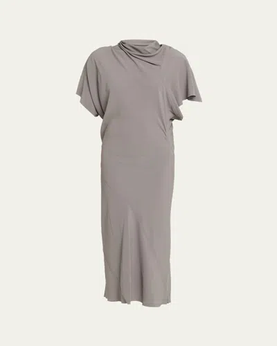 Rick Owens Cowl-neck Short-sleeve Silk Midi Dress In Gray