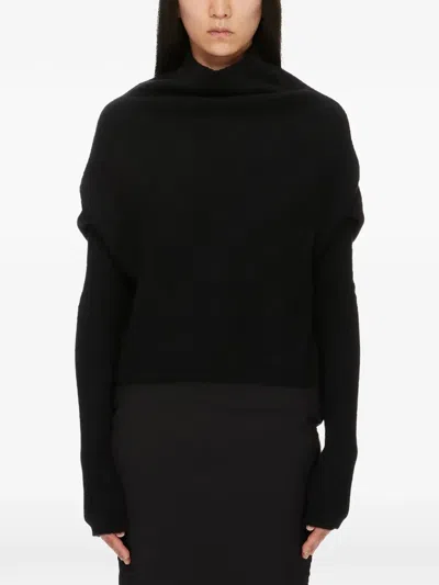 Rick Owens High Neck Ribbed-knit Sweater With Draped Sleeves Size S In Black
