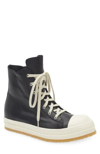 Rick Owens High-top Leather Sneakers With Rubber Toe Cap In Black