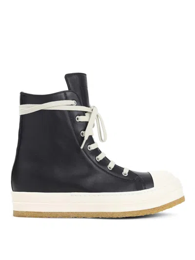 Rick Owens High-top Leather Sneakers With Rubber Toe Cap In Black