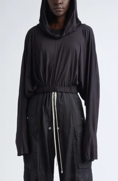 Rick Owens Crop Virgin Wool & Silk Hoodie In Black