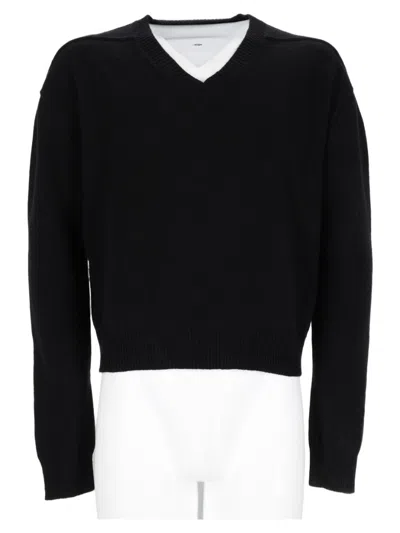 Rick Owens Cropped Black V-neck Sweater With Ribbed Detailing