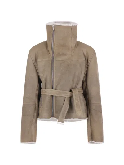 Rick Owens Cropped Flight Belted Shearling Jacket In Brown
