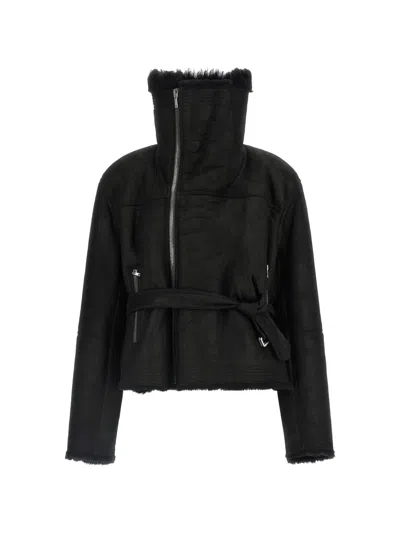 Rick Owens Shearling Cropped Belted Funnel-neck Jacket In Black