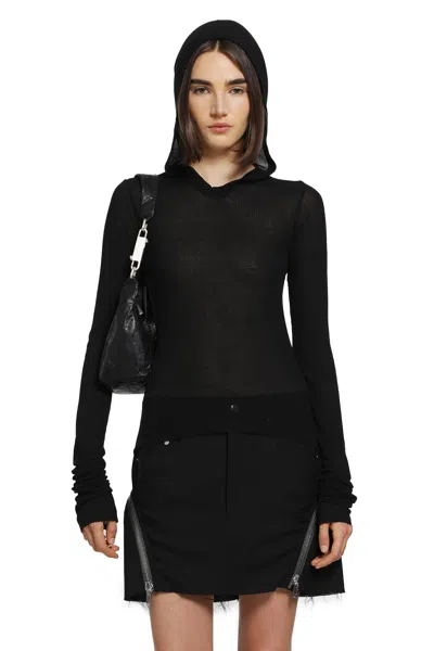 Rick Owens Cropped Hooded Rib Ls T In Black