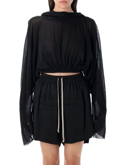 Rick Owens Cropped Hooded Tunic With Flowing Sleeves In ブラック