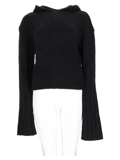 Rick Owens Cropped Knit Sweater With Flared Sleeves And Hood In Black