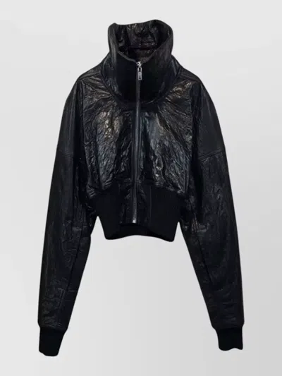 Rick Owens Cropped Leather Bomber Jacket Padded Collar In Black