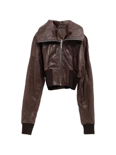 Rick Owens Cropped Leather Jacket In Brown