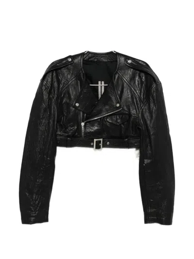 Rick Owens Cropped Leather Jacket With Adjustable Belt And Zip Cuffs In Black