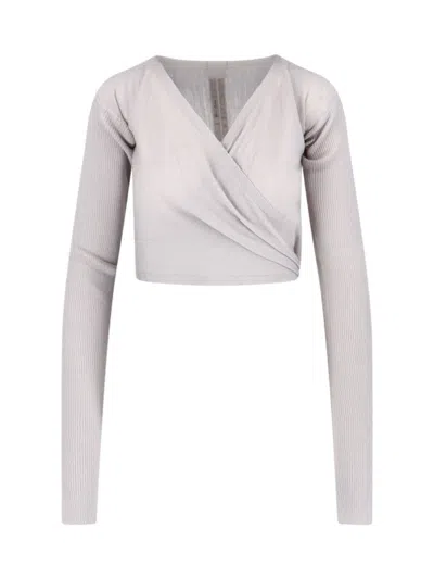 RICK OWENS CROPPED RIBBED SWEATER WITH KNOT - GREY