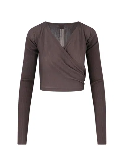 RICK OWENS RICK OWENS CROPPED RIBBED SWEATER WITH KNOT – BROWN