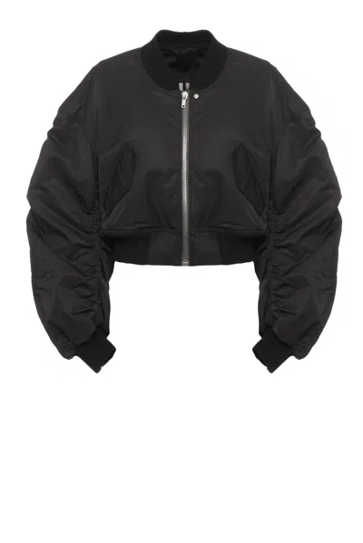 Rick Owens Cropped Ruched Black Bomber Jacket With Structured Silhouette