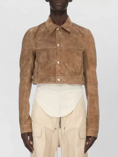 Rick Owens Cropped Suede Coat Long Sleeves Collar In Brown