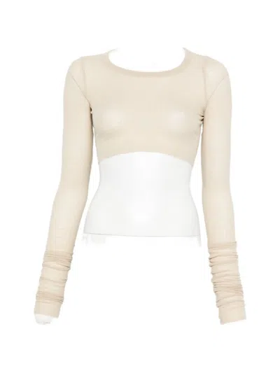 Rick Owens Cropped Long Sleeve Round Neck Top Sheer In Neutral