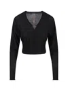 Rick Owens Cropped Long Sleeve Sheer Top V-neck In Black