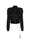 RICK OWENS CROPPED ZIP PADDED BOMBER JACKET WITH PUFF SHOULDER AND SIDE ZIP IN BLACK