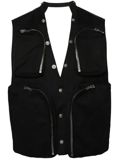 Rick Owens Black Vest With V-neck And Cargo Pockets In Cotton Man In 09 Black