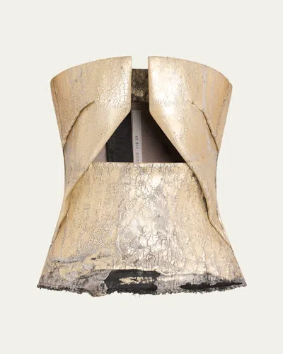 Rick Owens Cutout Pronged Coated Denim Bustier Top In Gold
