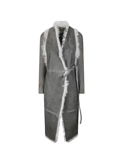 Rick Owens Cyclops Shearling-trim Leather Coat In Gray