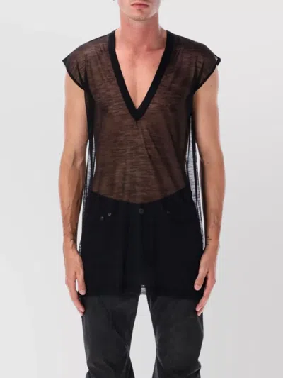 Rick Owens Black Sheer Wool Deep V Tank In Transparent