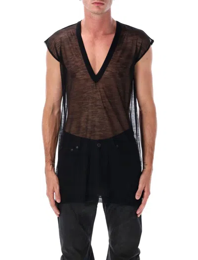 RICK OWENS RICK OWENS BLACK SHEER WOOL DEEP V TANK